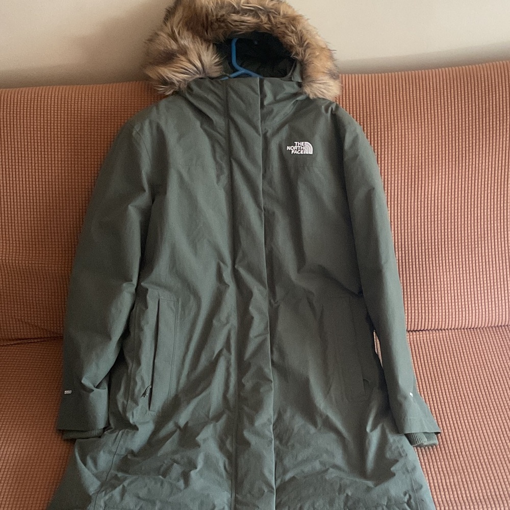 The North Face Olive Green Coat with Faux Fur Trim